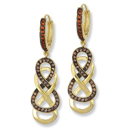 Gold Plated Double Infinity Earrings Choc/Orange Cubic Zirconias - Click Image to Close